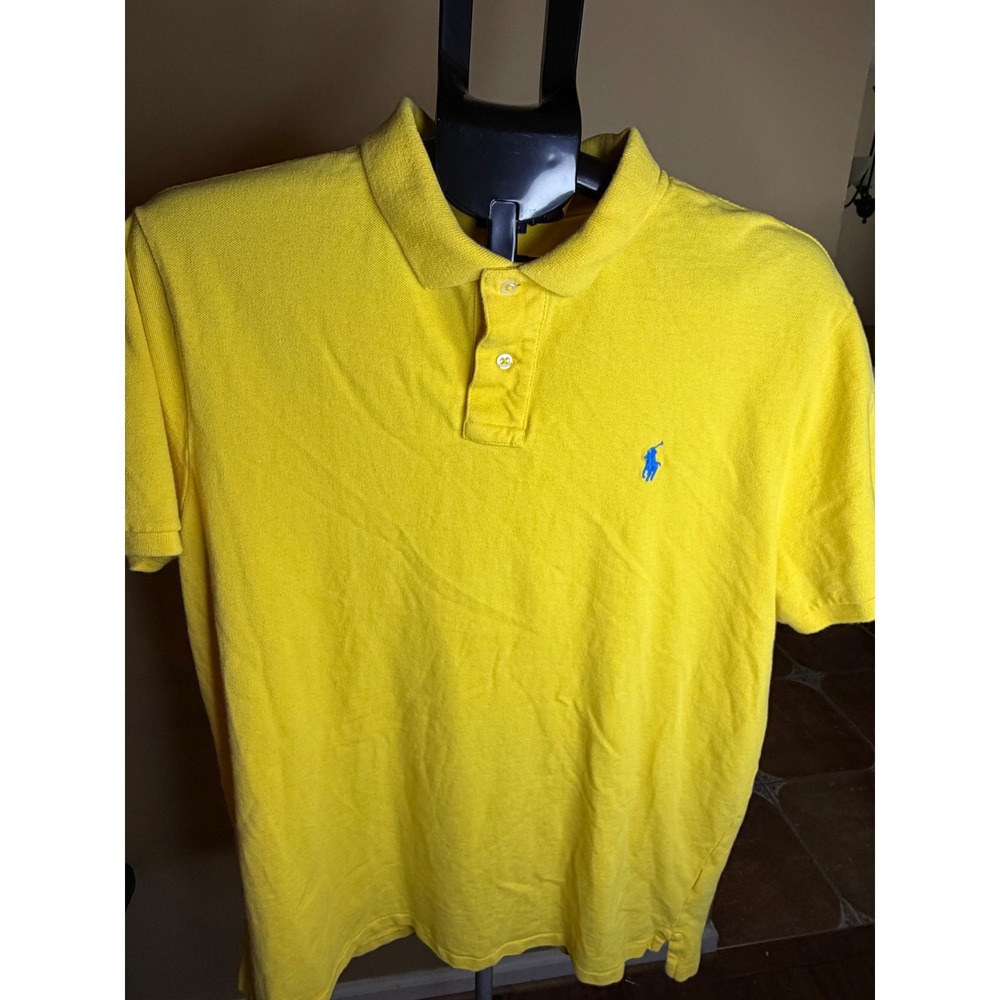 Polo Ralph Lauren Mens Custom Slim Fit‎ Yellow Pique Polo Shirt Blue Pony XL